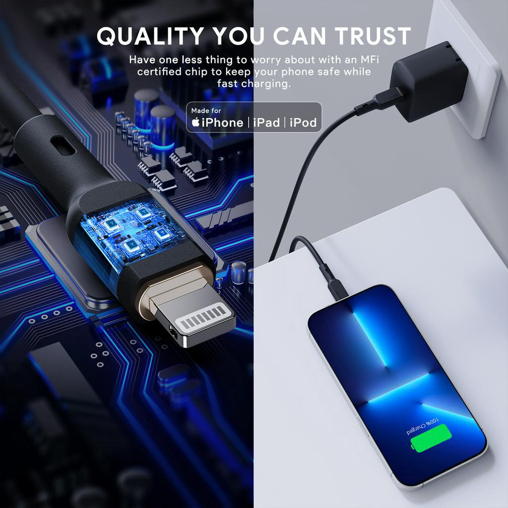 Cáp sạc nhanh Aukey CB-SCL1 PD27W USB-C TO Lightning dây Sạc Nhanh APPLE MFI chứng nhận Gel silica 1M Cho iPhone 14 13 12 11 X 8 iPad