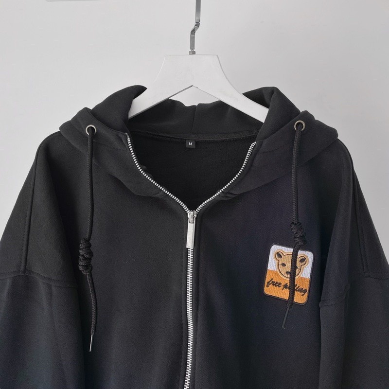 ÁO KHOÁC HOODIE KHÓA KÉO FORM RỘNG NAM NỮ THÊU GẤU , ÁO HOODIE UNISEX MÀU ĐEN THÊU GẤU