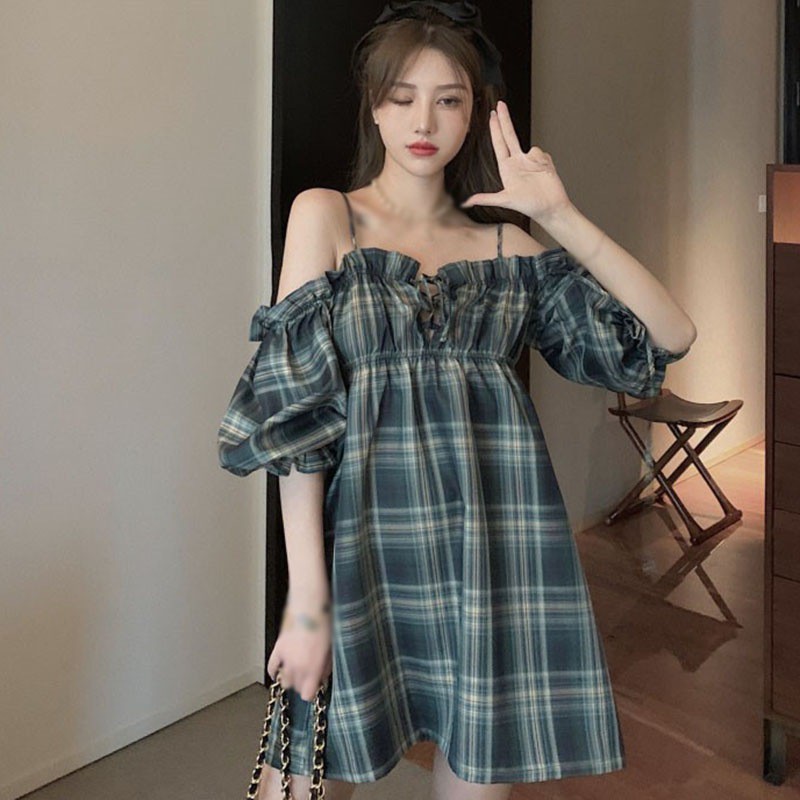 French Strap Off Shoulder Bubble Sleeve Fairy Retro Waist Check Dress | BigBuy360 - bigbuy360.vn