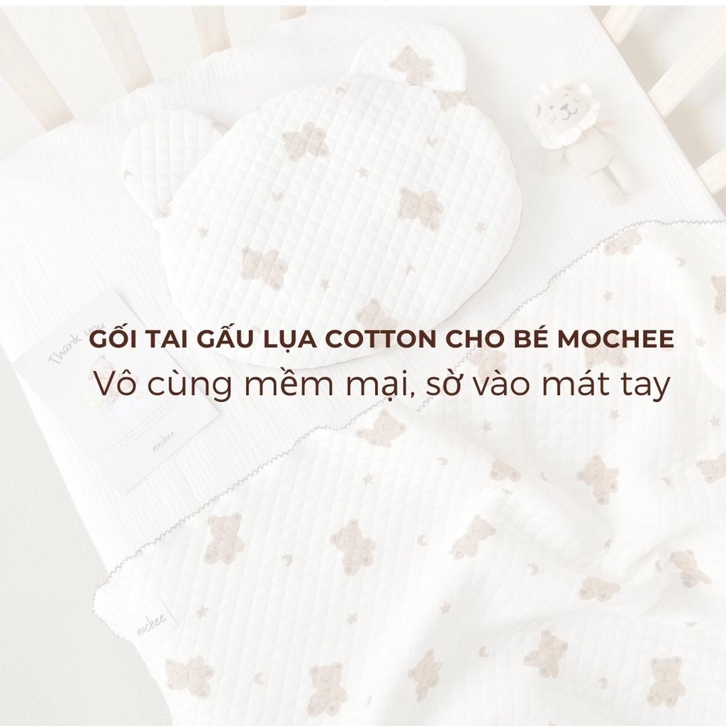 Gối tai gấu lụa cotton Mochee cho bé họa tiết mềm mại