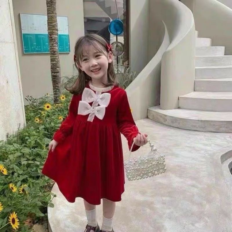 Váy nhung đỏ nơ trắng cho bé