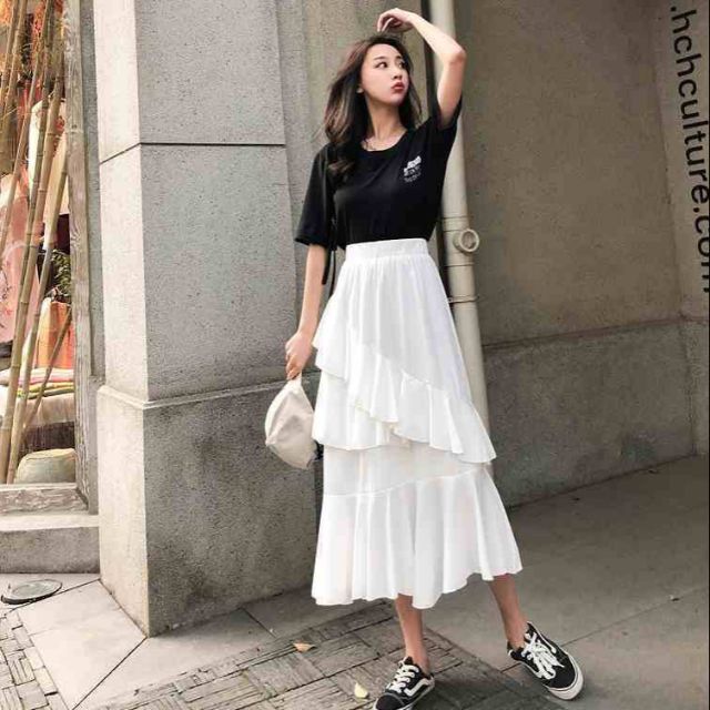 Chân váy voan bèo lệch tà có bigsize
