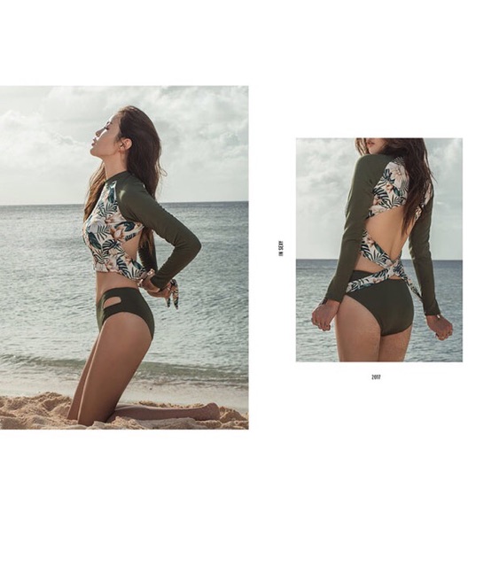 Đồ bơi dài tay dáng Hàn phối hoạ tiết hoa lá | BigBuy360 - bigbuy360.vn