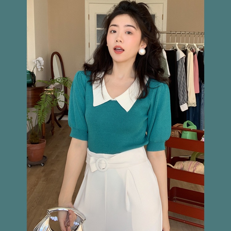 SUXI Áo Croptop Dệt Kim Mỏng Tay Ngắn Cổ Chữ V Dáng Ôm Thời Trang Mùa Hè Cho Nữ