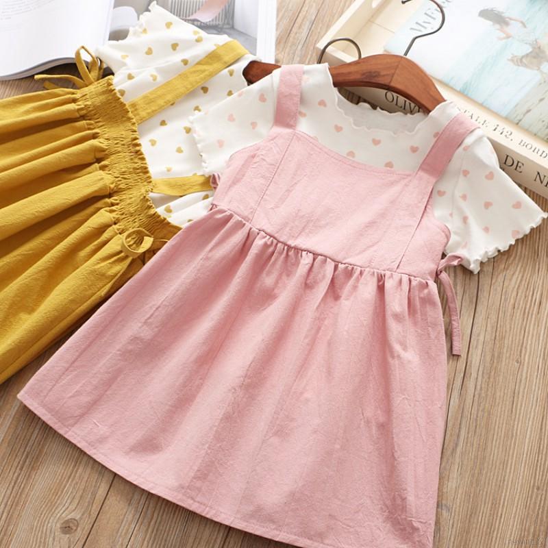 Bộ áo thun ngắn tay in chữ LOVE + chân váy yếm cho bé gái