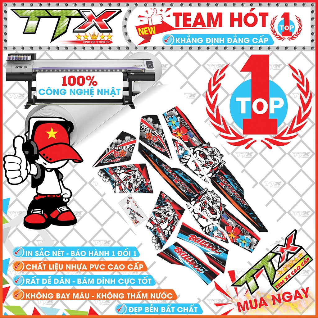 Tem rời sirius bulldog , Team chế sirius dán xe màu đỏ nền đen chữ xanh siêu đẹp , Shop TTX Tem xe sirius mã