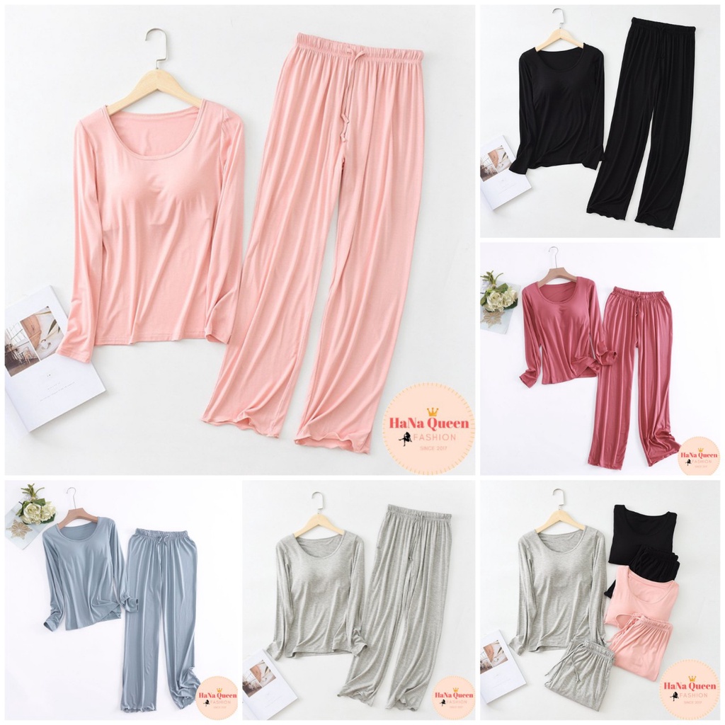 Bộ đồ dài tay thu đông có đệm ngực chất cotton mềm mịn