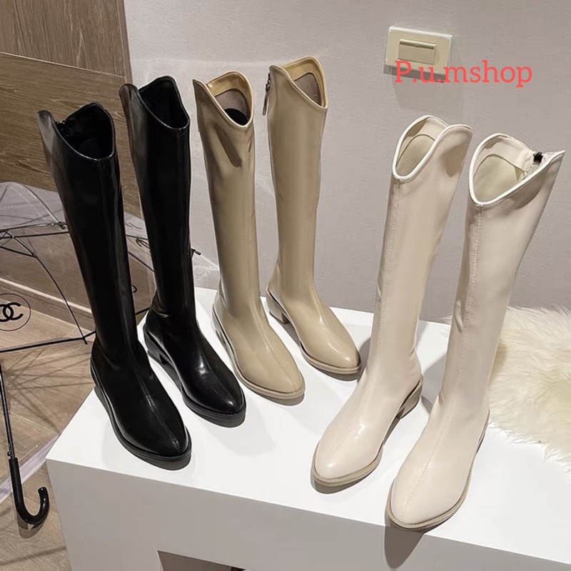 Boots đùi cao cổ Da mềm Bốt khóa sau -Boot mũi nhọn đế vuông 4,5 cm thời trang mùa đông