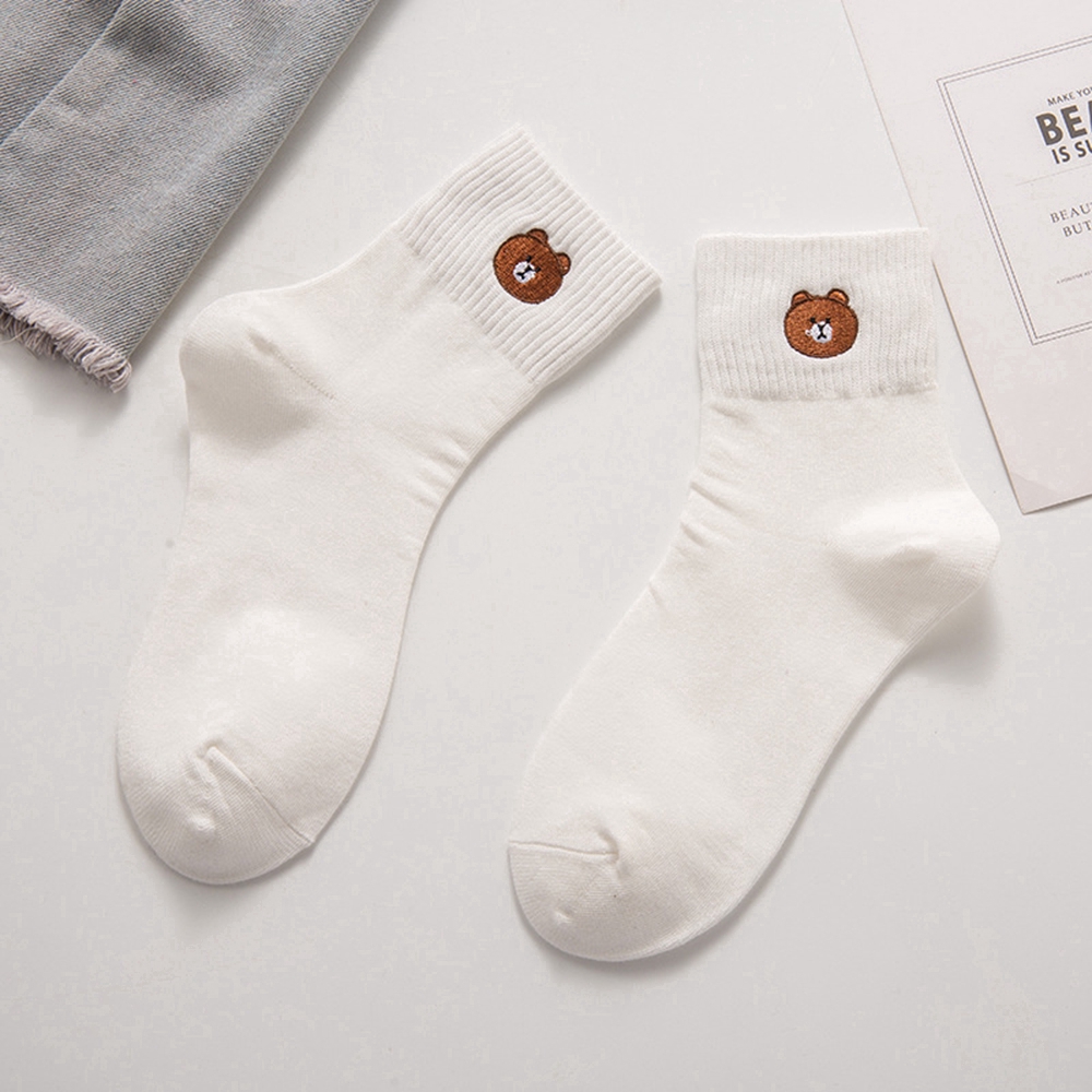 Vớ ống dài thêu hình gấu hoạt hình thời trang bằng vải cotton thoáng khí dành cho bạn nữ