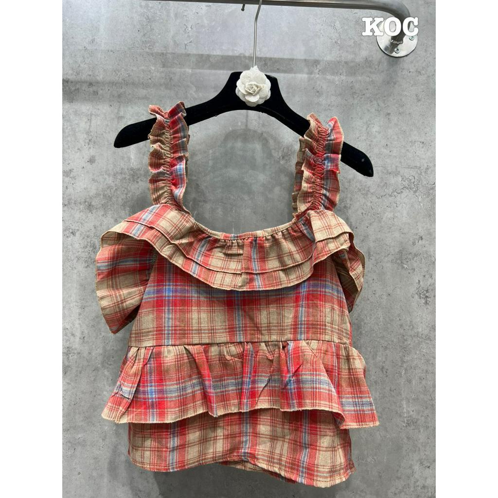 Áo Kẻ Caro Đỏ 2 Dây Bản To Bèo Tầng Áo 2s Viền Bèo Ngực Freesize