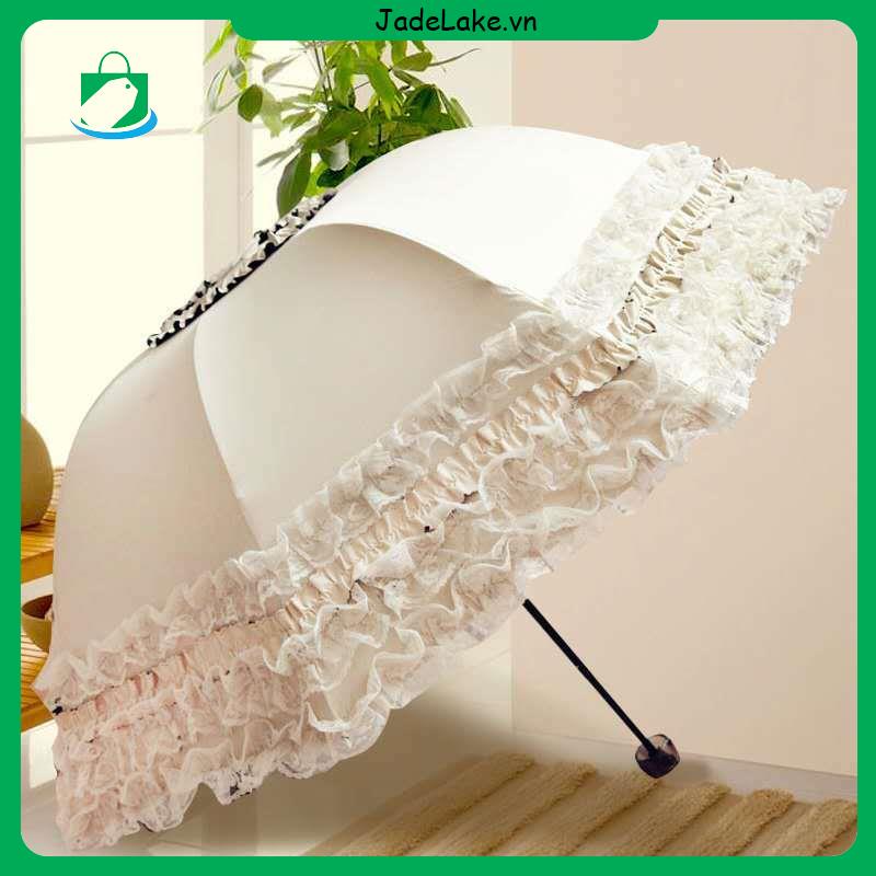 Dù Xếp Chống Tia Cực Tím/Nắng Màu Đen Phối Ren Gấp Gọn Tiện Lợi