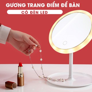 GƯƠNG TRANG ĐIỂM ĐỂ BÀN CÓ ĐÈN LED - Cảm ứng hiện đại, khay đựng son tiện lợi, ánh sáng phù hợp cho từng vùng da
