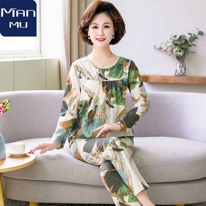 Bộ đồ ngủ mặc nhà bằng vải cotton của bà mẹ trung niên và cao tuổi mùa thu đông dài tay ở phục vụ hai mảnh
