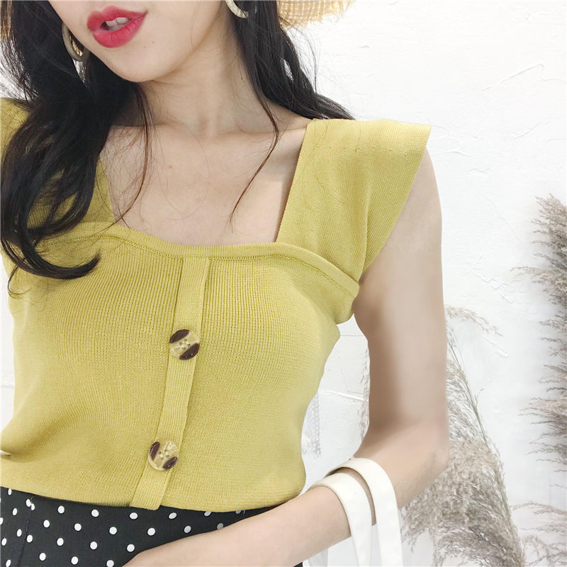 Áo dệt kim BH không tay cổ vuông màu trơn thời trang cho nữ