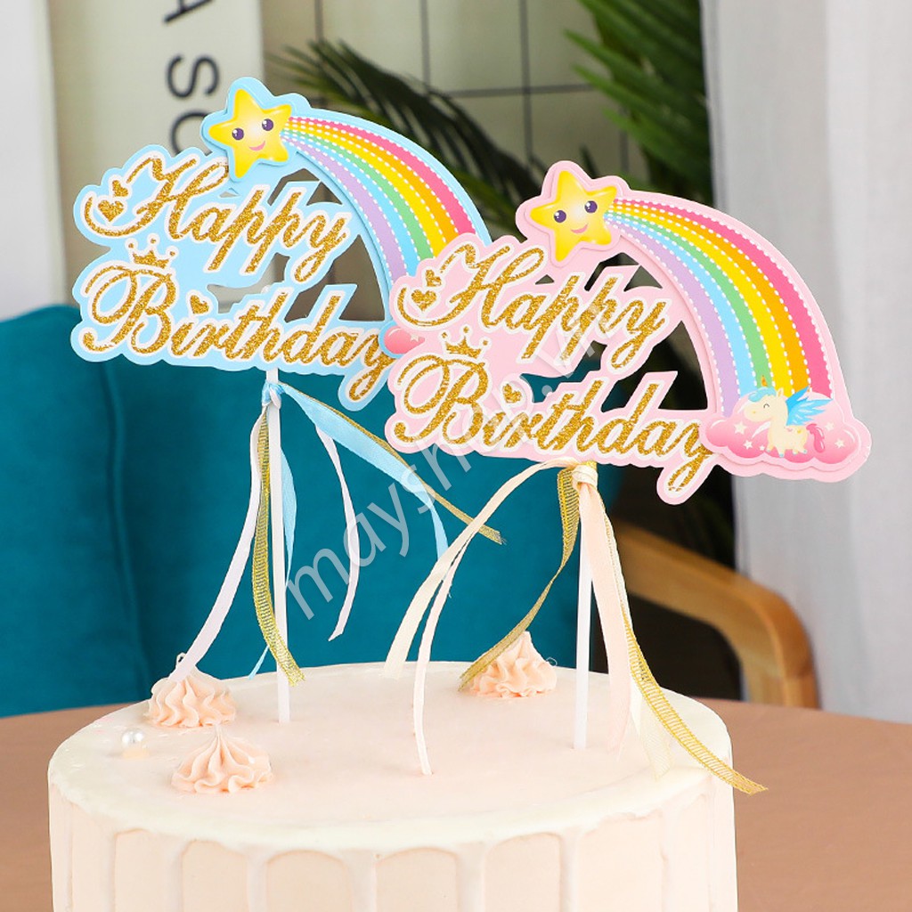Chữ Happy Birthday cầu vồng cắm trang trí bánh sinh nhật