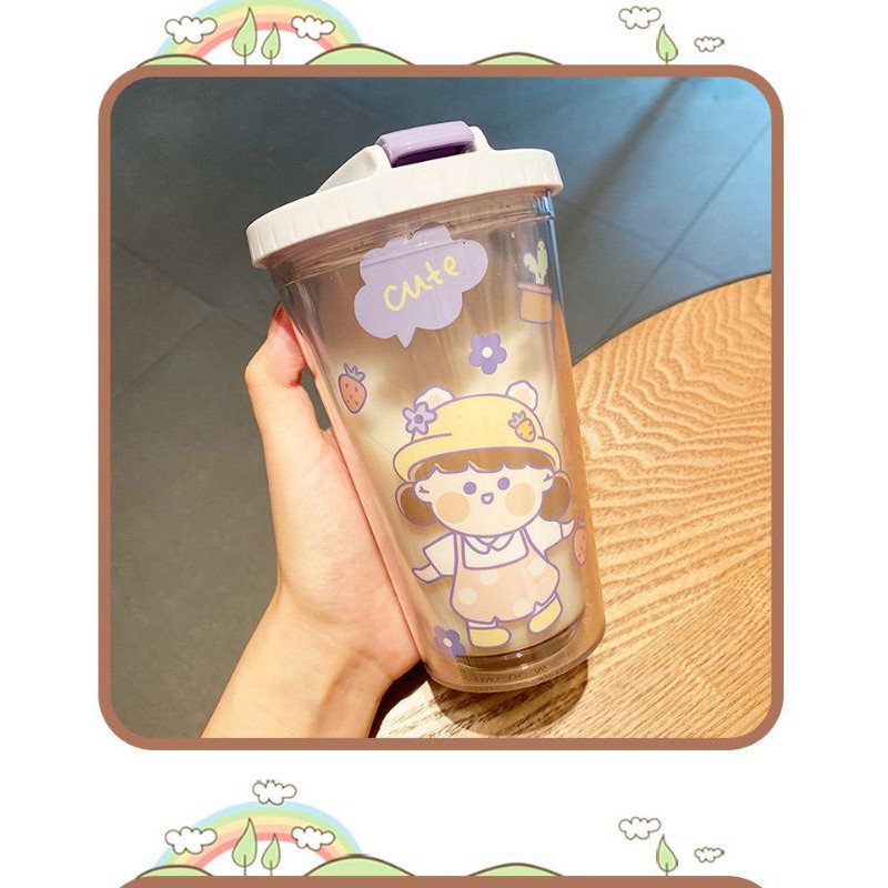 Cốc Nhựa 2 Lớp Uống Trà Sữa Kèm Ống Hút Trendy