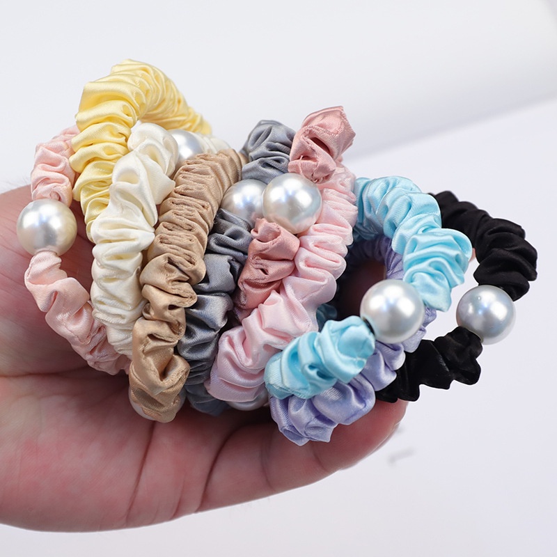 Dây cột tóc scrunchies vải phi bóng đính châu trắng nhiều màu pastel S28