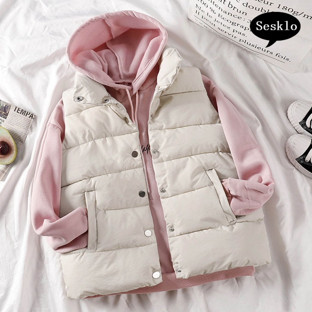 Áo khoác phao không tay phối túi và nút cài thời trang mùa thu và đông dành cho nữ | BigBuy360 - bigbuy360.vn