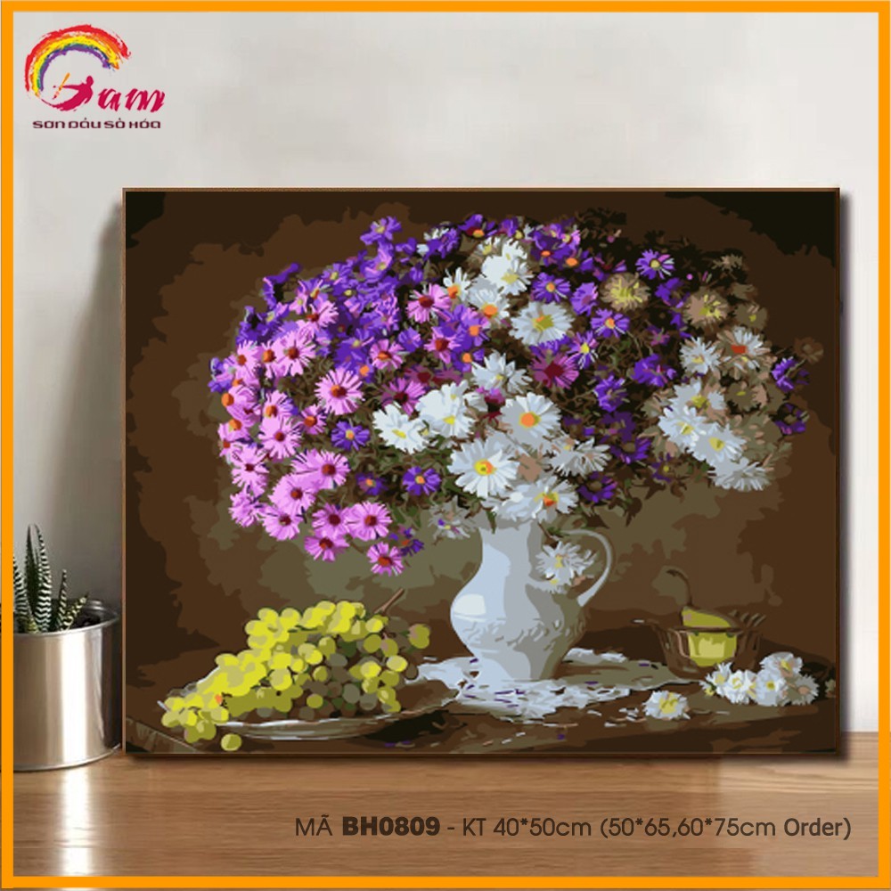 Tranh tự tô màu theo số BH0809 Tranh sơn dầu số hóa tự vẽ Lọ hoa cúc và chùm nho