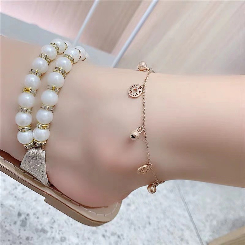 Lắc Chân May Mắn Bằng Thép Titan Màu Vàng Hồng Đính Đồng Xu Cổ Điển Không Phai Màu