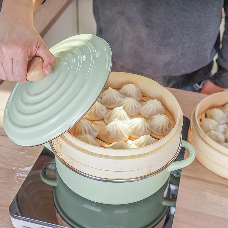 Set nồi tráng men Mint và xửng hấp tre