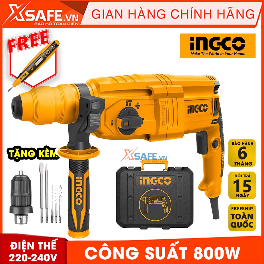 Máy khoan búa 3 chức năng 800w INGCO RGH9028-2 đầu gài sds plus, 2 đầu chuyển đổi, tốc độ 1100rpm, lực đập 2.5j
