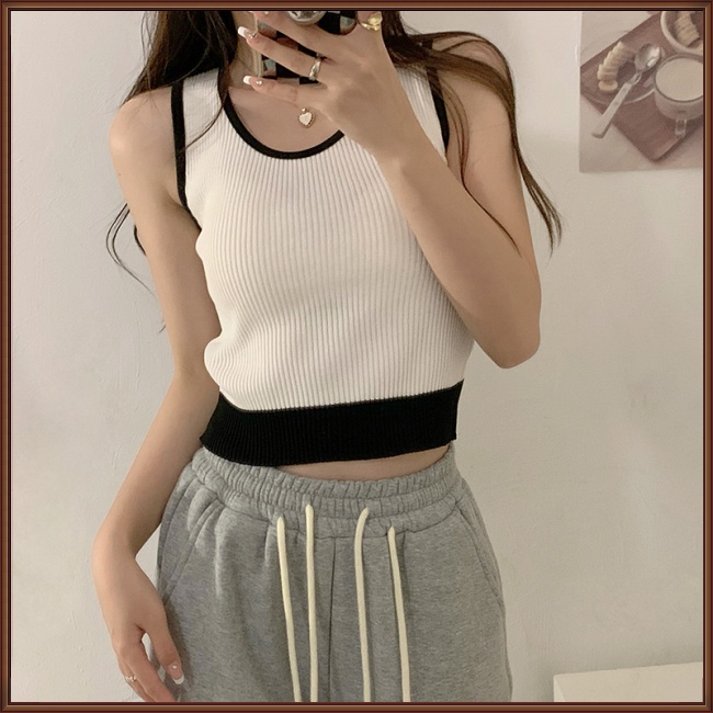 Áo Croptop Dệt Kim Không Tay Cổ Tròn Màu Sắc Tương Phản Quyến Rũ Dành Cho Nữ