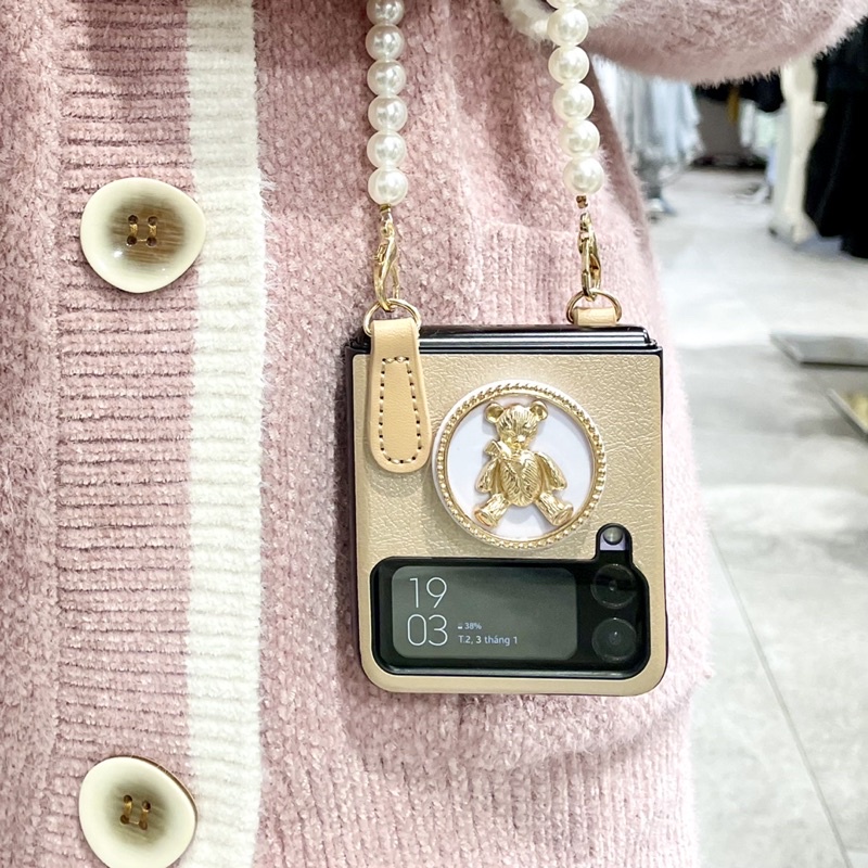 Ốp da Samsung Z Flip 3 / Z Flip 4 popsocket gấu với 4 kiểu dây đeo Z Flip3 / ZFlip3 / Z Flip4/ ZFlip4