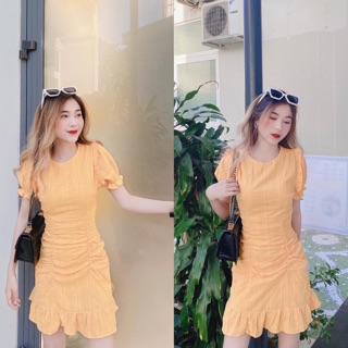 Đầm xô tay phồng nhún bèo dễ thương - Hình thật