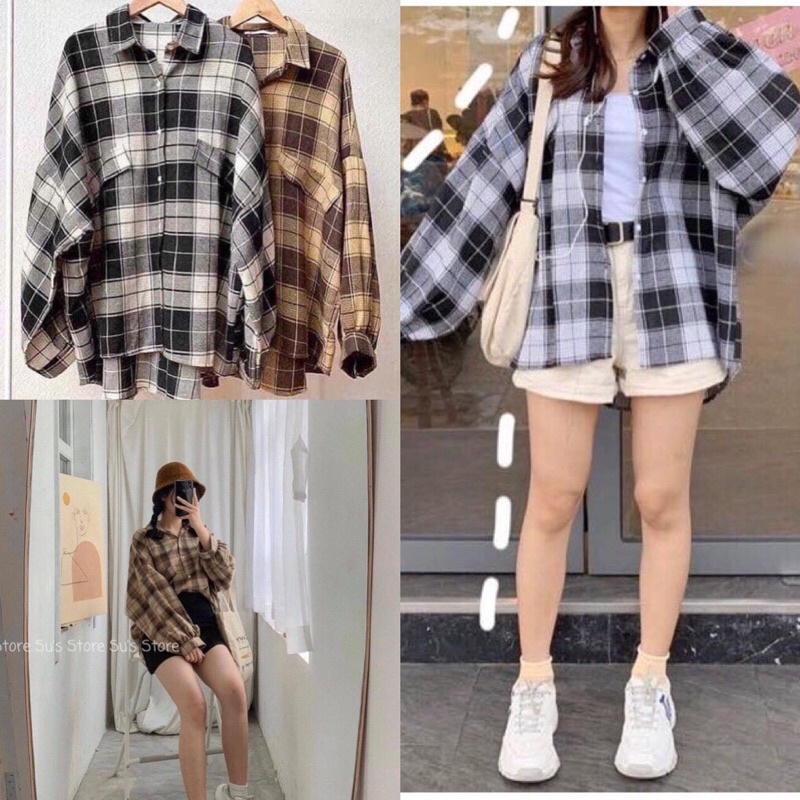 [Freeship] Áo Sơ Mi Dài Tay Nữ🦋 Sơ Mi Kẻ Tay Bồng KOREA Ulzzang Oversize Form Thụng Đẹp🦋