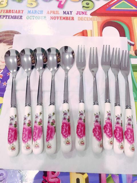 Com bo 10 Thìa và dĩa ăn inox cán sứ sang trọng