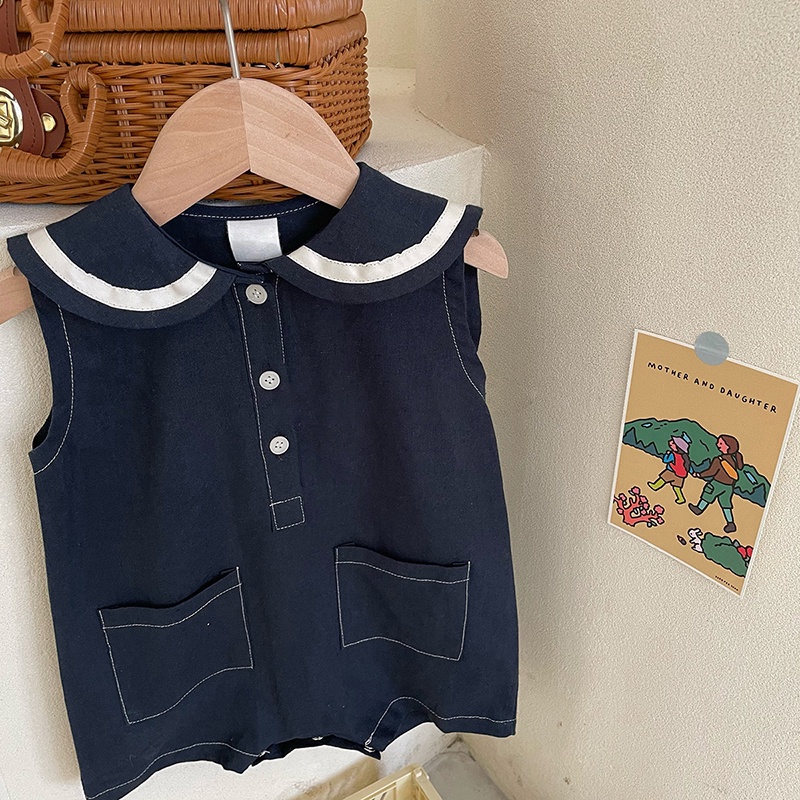 Áo Liền Quần Không Tay Màu Xanh Lam / Xám Cho Bé Trai &amp; Gái Sơ Sinh