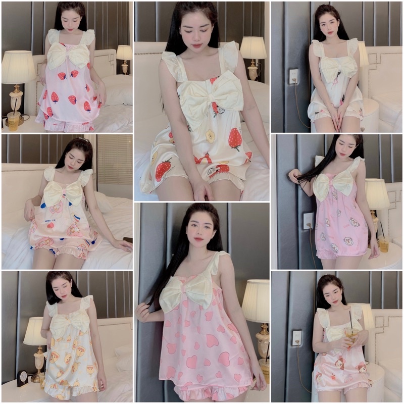 Đồ Bộ Pijama 🌸Bộ Lụa Hai Dây Cánh Tiên Họa Tiết Dễ Thương-Chất Liệu Lụa Latin Mát Lịm