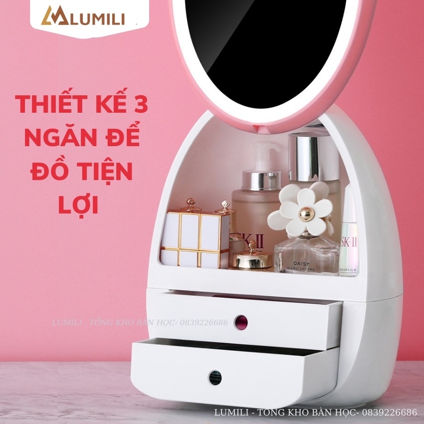 hộp đựng đồ trang điểm có gương, đèn led, kệ đựng mỹ phẩm thông minh tủ đựng đồ dùng cá nhân có đèn kèm gương xoay 360