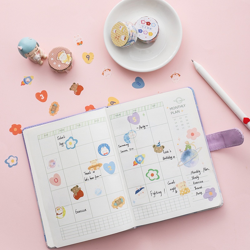 Cuộn 100 miếng hình dán washi nhiều màu sắc xinh xắn dùng trang trí sổ nhật ký/ album ảnh/ sổ tay sáng tạo