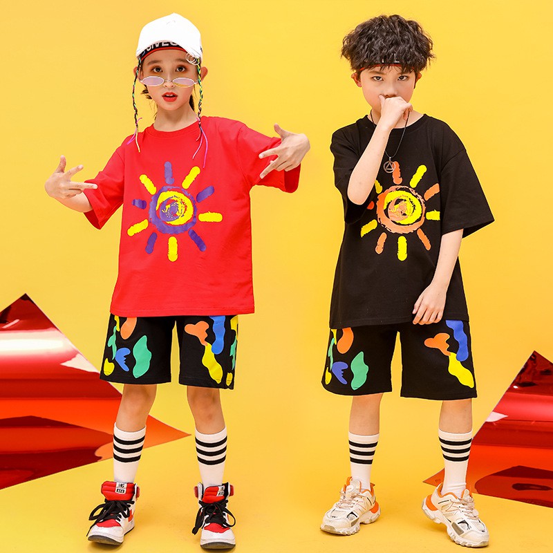 [35Kg - 75Kg] Bộ Hiphop Cho Nam Ngắn Tay Không Cổ Vải Cotton Hàng Quảng Châu Co Giãn 4 Chiều Màu Đỏ Đen | BigBuy360 - bigbuy360.vn