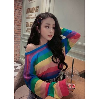 Áo len cầu vồng cổ tròn