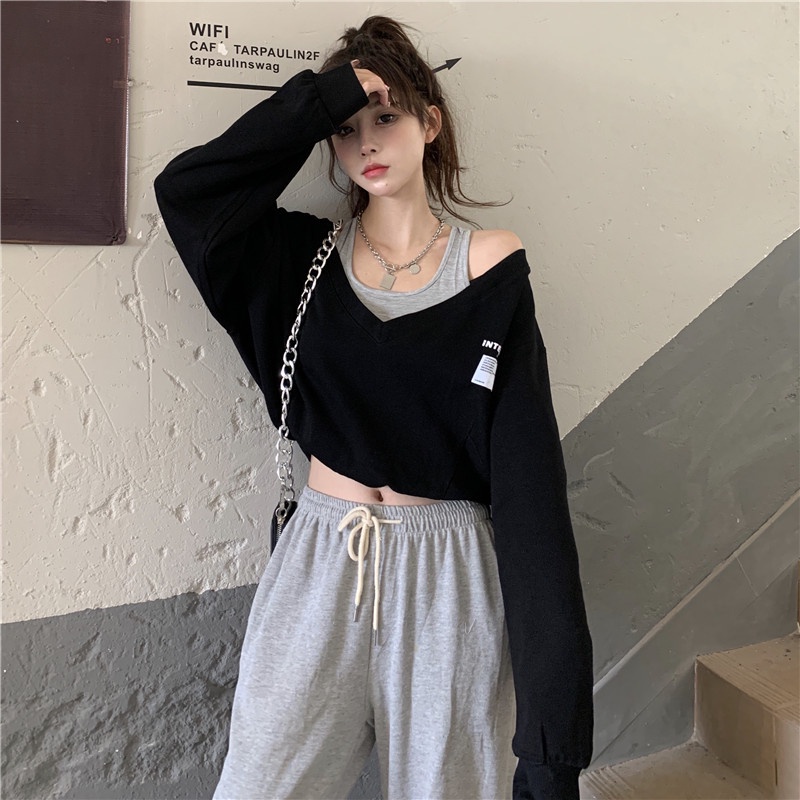 COZOK Áo sweater tay dài dáng rộng giả hai lớp thời trang Hàn Quốc