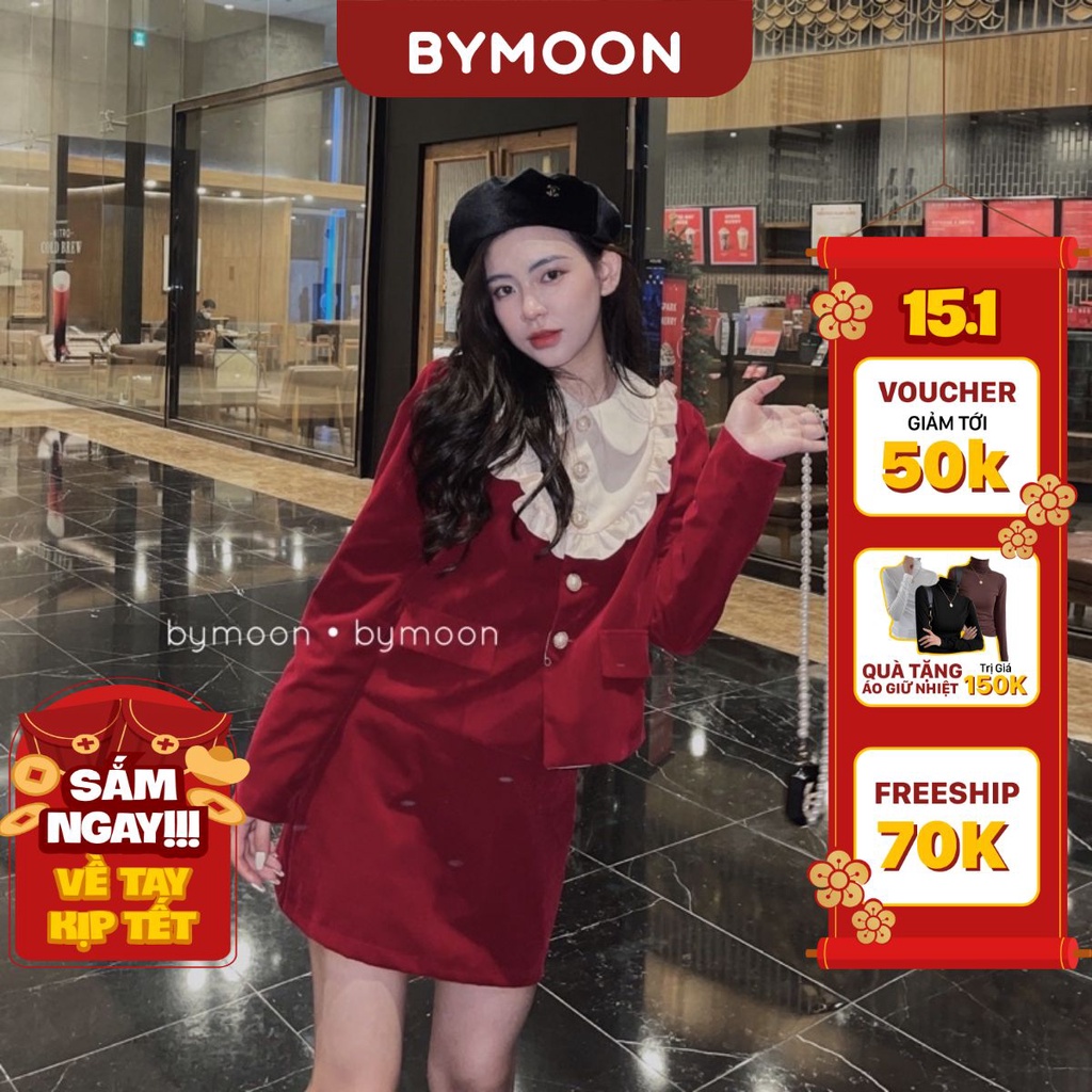Set Váy Nhung Đỏ kèm quần váy thời trang thiết kế ảnh thật BY MOON S006 | BigBuy360 - bigbuy360.vn
