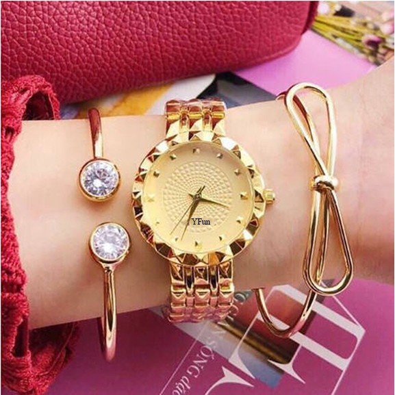 Đồng hồ thời trang nữ dây kim loại cao cấp - Đồng hồ Nữ YFUN viền lượn sóng, mặt hoa văn đơn giản sang trọng