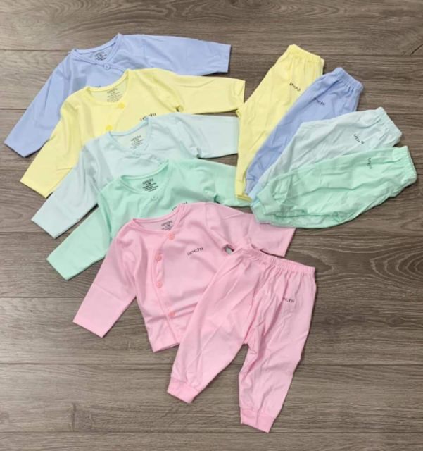 Bộ sơ sinh cotton UNCHI Xuân hè dài tay quần đáp đũng cho bé 3-9kg