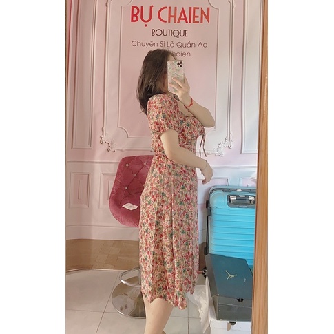 Đầm hoa nhún ngực hoạ tiết hoa hồng nền xanh