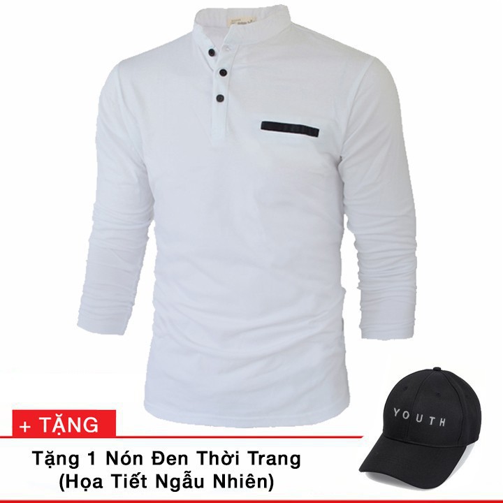 ao nam New New Áo thun nam Chất dài tay cổ trụ Pocket trắng đen tặng 1 nón thời trang ASKALA ao thun