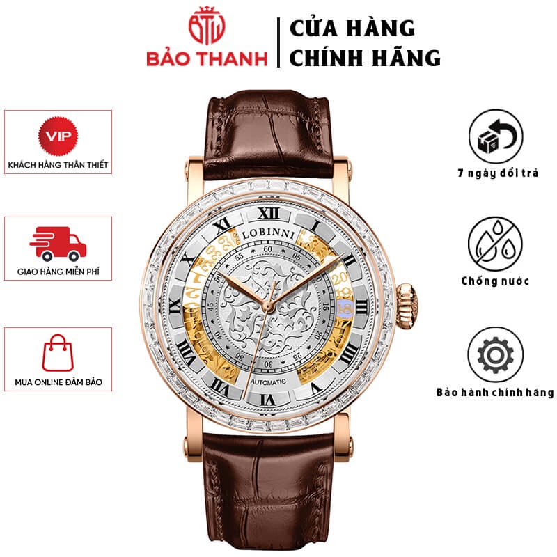 Đồng Hồ Nam LOBINNI No.1830-3 Chính Hãng BH 24T Chịu Nước 50m Kính Chống Xước Dây Da Cao Cấp (Máy Cơ Tự Động)