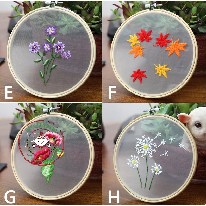 Bộ dụng cụ thêu tay thủ công - Tập thêu cơ bản - Tranh vải trang trí Decor nhà - Set kit DIY Embroidery Flowers Hoa Lá