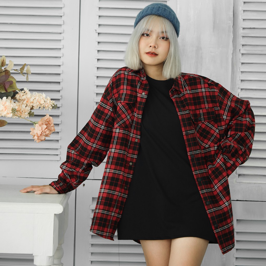 Áo Sơ Mi Flannel Sọc Đỏ Đen Chất Liệu Cotton Thoáng Mát