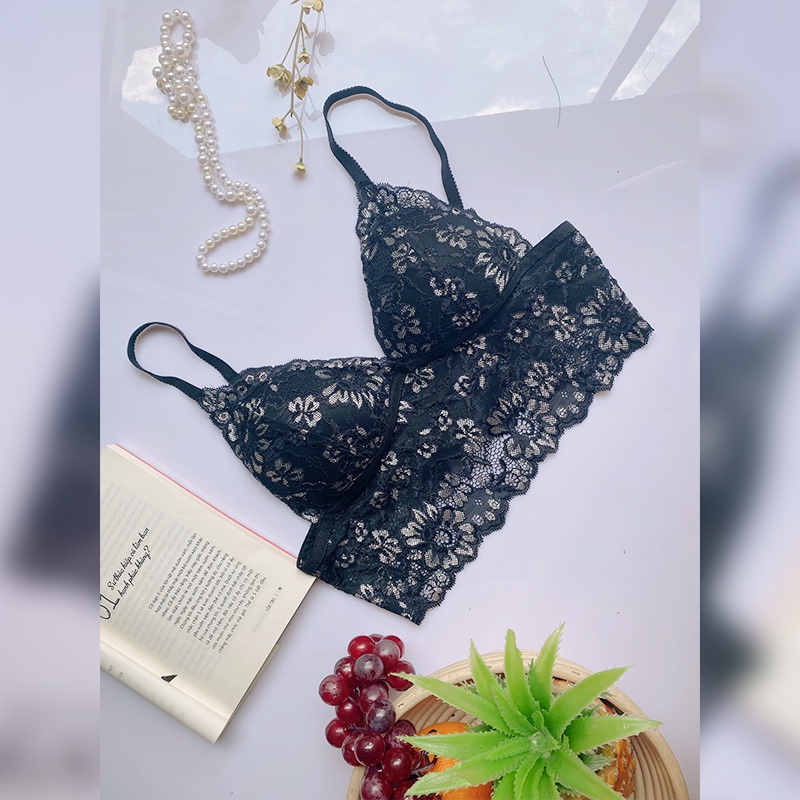 [THIẾT KẾ]Áo lót nữ bralette thêu hoa trắng màu đen màu trắng có dây trang trí ngực thương hiệu NGAN BRALETTE