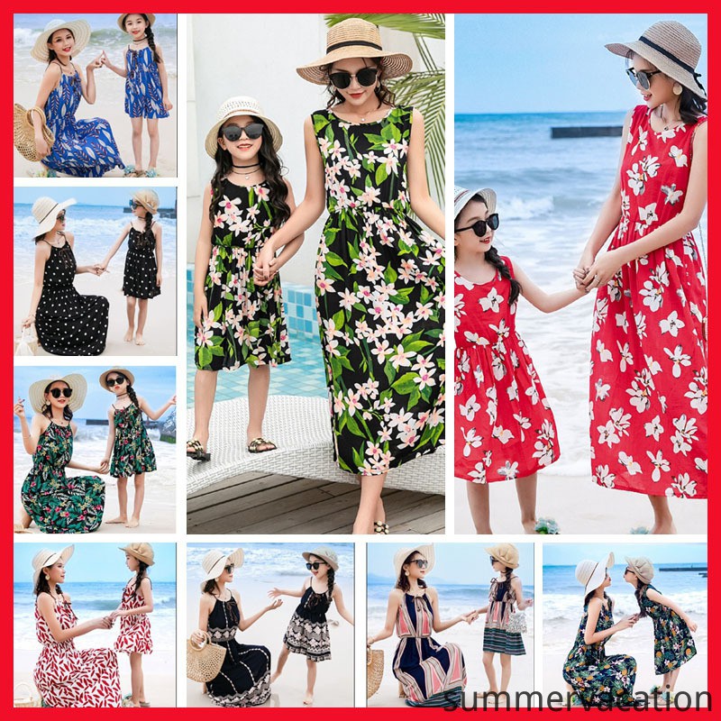 Váy maxi họa tiết hoa đi biển dành cho mẹ/bé