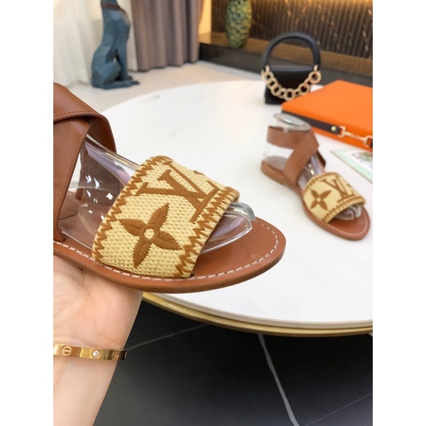 Sandal nữ Louis Vuitton LV da thật cao cấp phối quai cói mẫu mới 2021