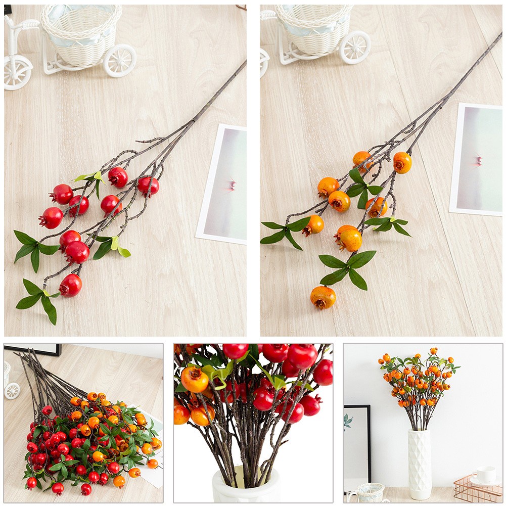 Nhánh lựu nhân tạo màu đỏ và vàng đẹp mắt dùng trang trí nhà cửa